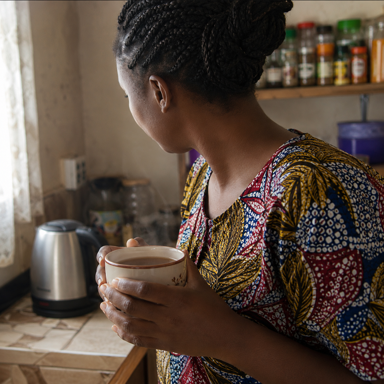Rakiya in her kitchen with tea